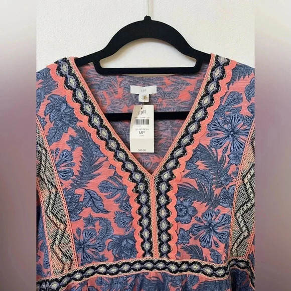J Jill Sz MP Tunic Style Top Floral Boho Coral and Blue Metallic Lace Detail - Picture 6 of 10